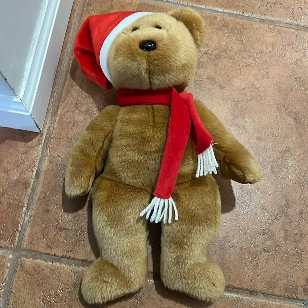 TY BEANIE BUDDY‎ 2001 Holiday Santa Hat & Scarf Teddy Bear Plush Bean Bag
